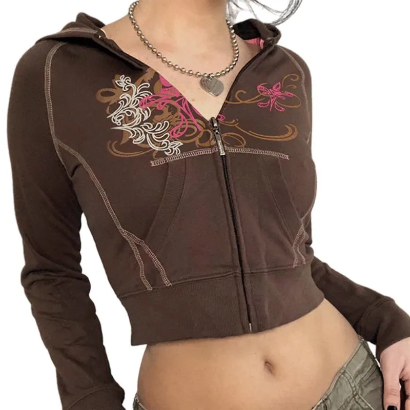 Kadın Hoodies Sweatshirts y2k Bahar Sonbahar Kırpılmış Vintage Çiçek Baskı Masal Kapşonlu Fermuar Cep Ceketleri Kadınlar Uzun Kollu