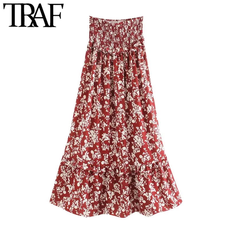 TRAF Kobiety Chic Moda Floral Print Ruffled Maxi Spódnica Vintage Wysoka Elastyczna Talia Smokowane Kobiece Spódnice Faldas Mujer 210415