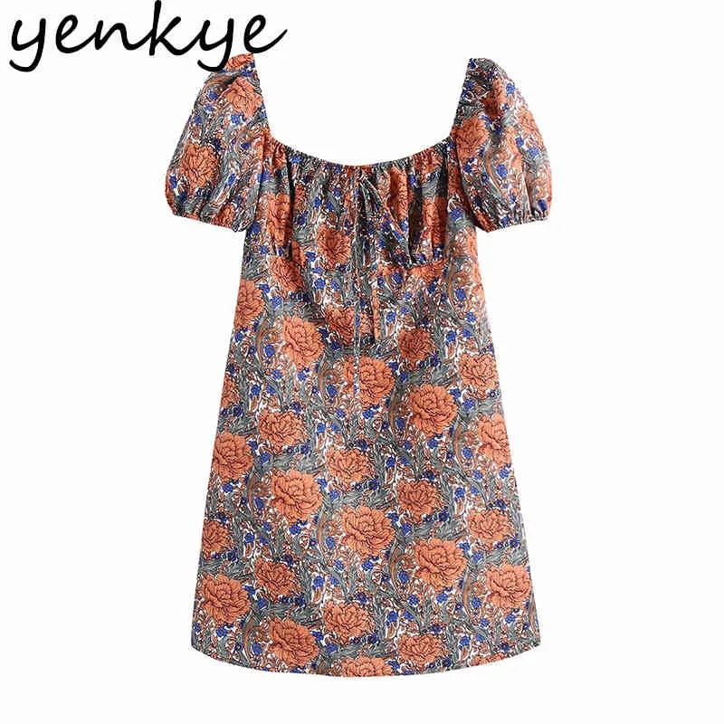 Vintage Floral Print Dress Women Sexy Square Neck Puff Sleeve High Waist Sundress Female A-line Mini Summer Casual 210430