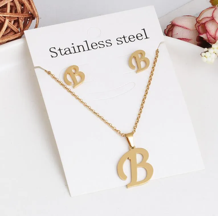 A-Z 26 Letter Necklaces en Earring Set met Gift Card Rvs Gold Choker Initial Hanger Ketting Dames Alfabet Kettingen Sieraden