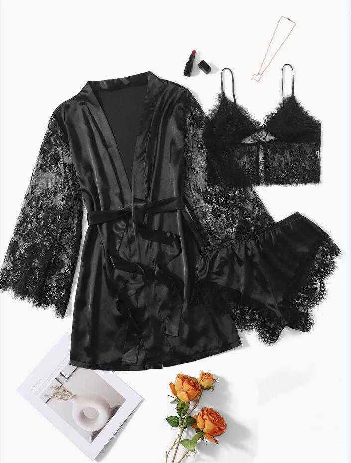 Boşaltılmış siyah taklit ipek kadın dantel seksi ve ilginç pijama 211203