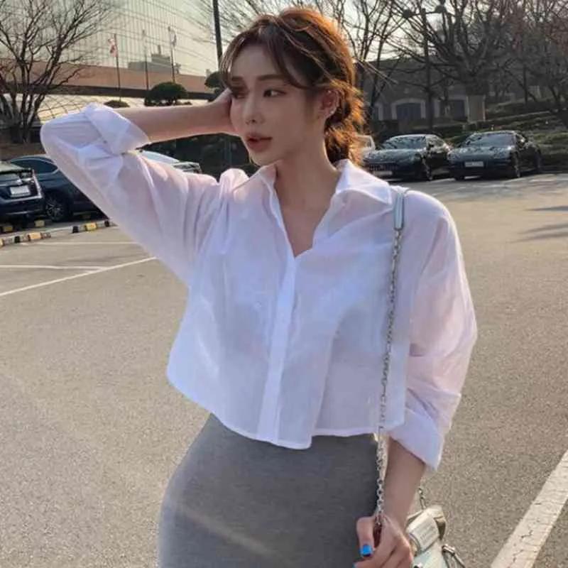 WOMENGAGA Korean Shirt Summer Top Women's Turn-down Collar Thin Mesh Fashion Women Long Sleeve Short Blouse Sexy Q9A5 210603