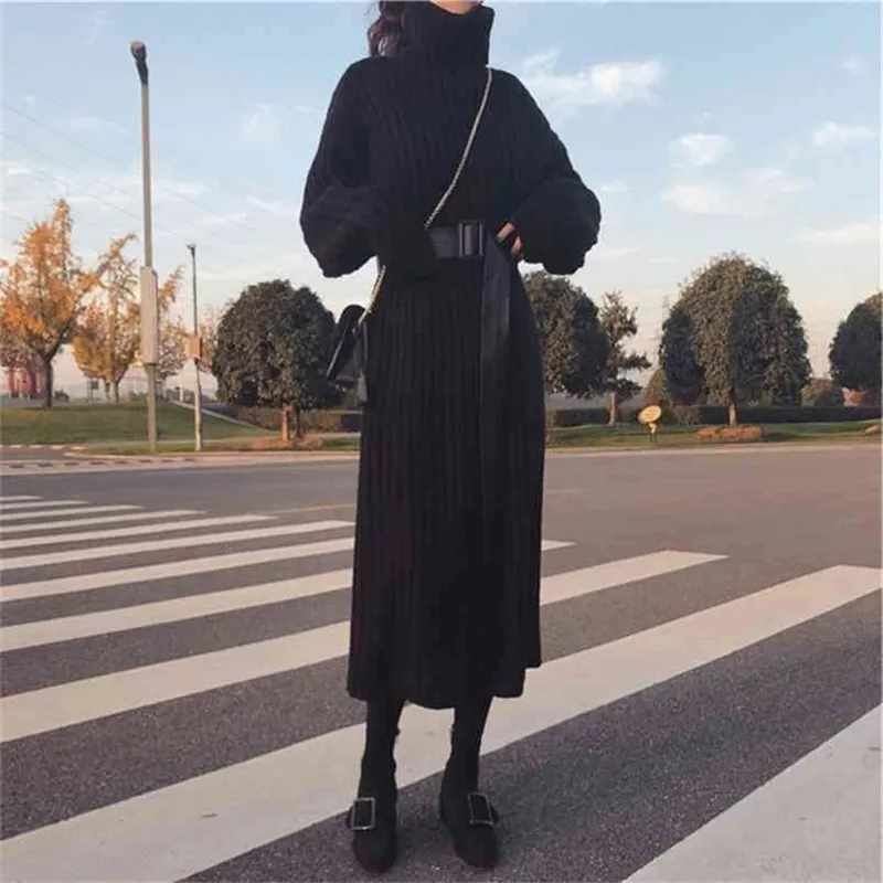 Turtleneck Thick Knitting Long Winter Black Sweater Dress Women Girls Vestido Da Festa Send Free Belt 210603