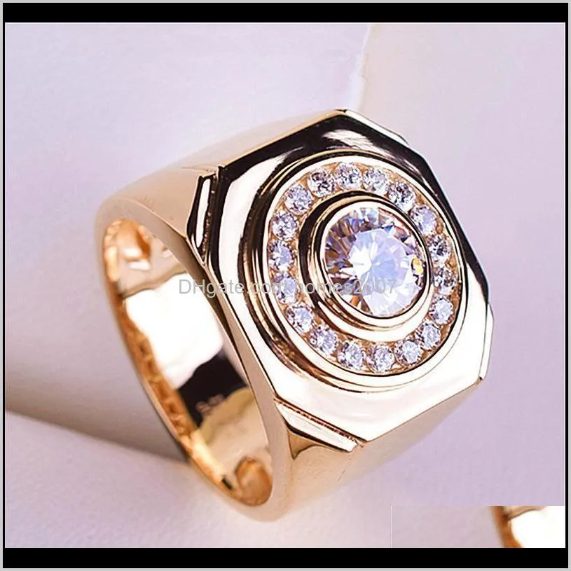 Jewelryluksury Męski Biały Cyrkon Kamienny Pierścień Urok Złoty Kolor Open Zaręczynowy Delikatny Okrągły Kryształ Duże obrączki Dla Mężczyzn Drop Dostawa 2021