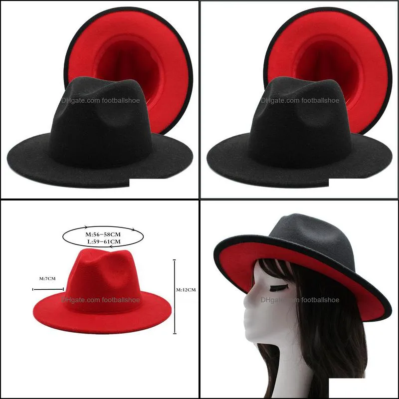 56-61cm Mens Women Black Red Patchwork Wool Felt Floppy Jazz Fedoras Hats with Ribbon band wide brim Panama trilby Formal hat Y0910