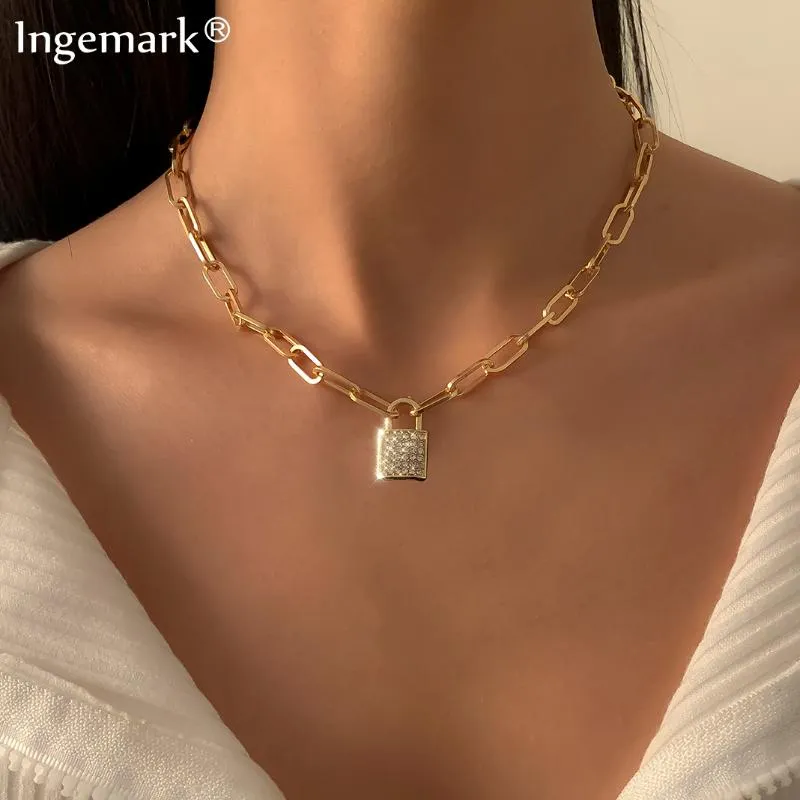 Rock Choker Rhinestone Lock Necklace Chain On The Neck With Padlock Punk Jewelry Mujer Key Pendant Women Gift Necklaces