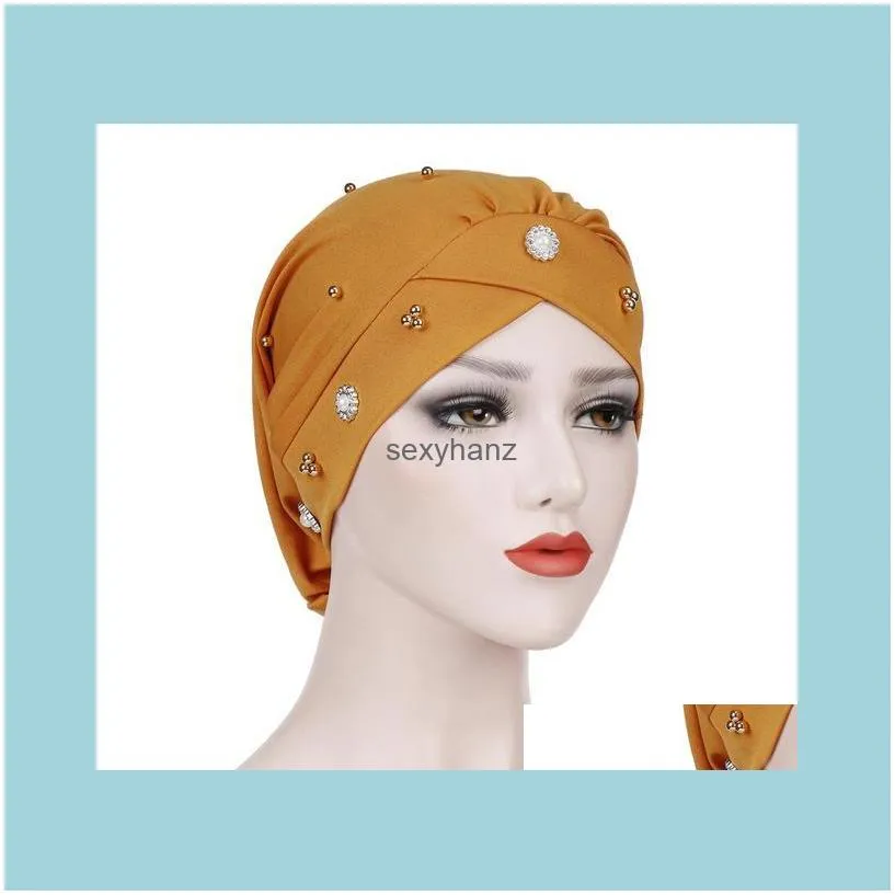 New Women Muslim Beads Cancer Cap Hat Bonnet Turban Headscarf Wrap Cap Hair Loss Elastic Skullies Beanies Arab Cover Fashion