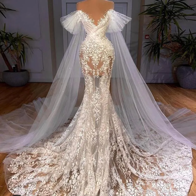 Sexy Illusion Bodice Mermaid Wedding Gowns Sheer Jewel Neck Short Sleeves Off Shoulder Lace Mor Pears Beaded Bridal Dress Vestidos De Novia