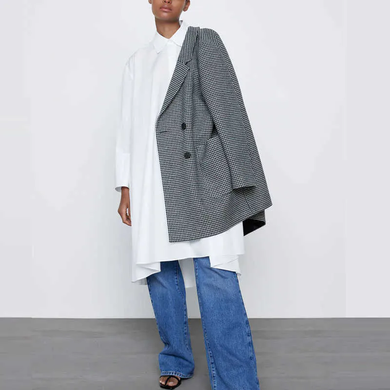 ZA Oversized Lange Asymmetrische Shirt Dames Chic Verborgen in-Naad Zakken Losse Witte Top Grote Maat Casual Shirts 210602