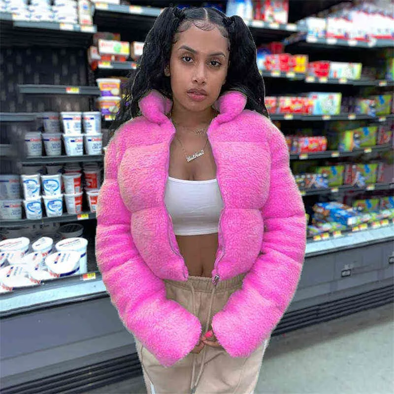 Pink Sequin Bell Cropped Puffer Jacket Womens Winter Parka With