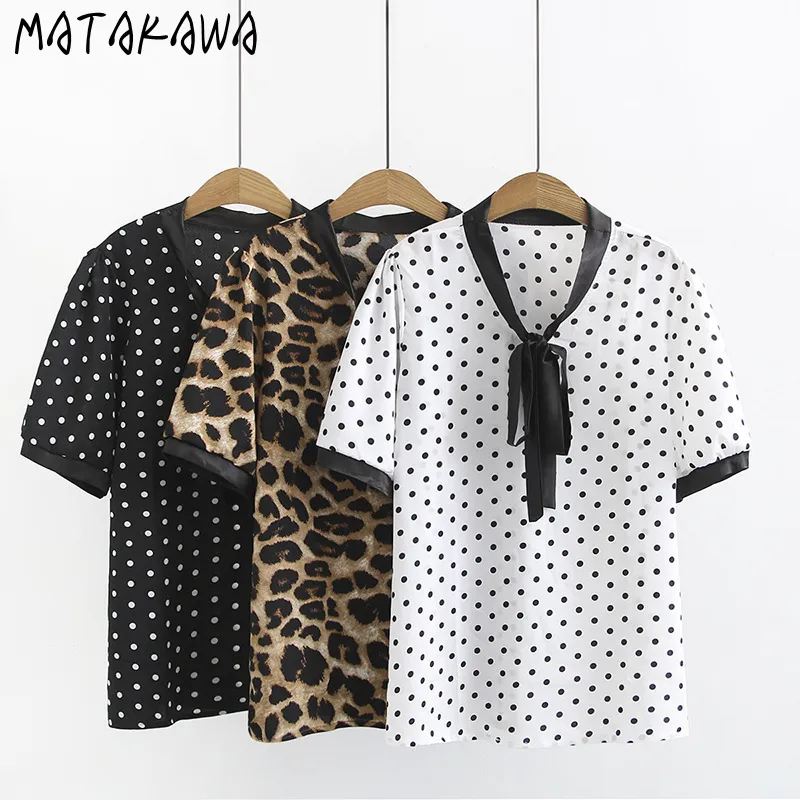 Matakawa Leopard Drukuj Blusa Mujer Polka Dot Kobiet Bluzka Luźna Koronka Koronki V-Neck Koszulki z krótkim rękawem Szyfonowa Koszula 210513