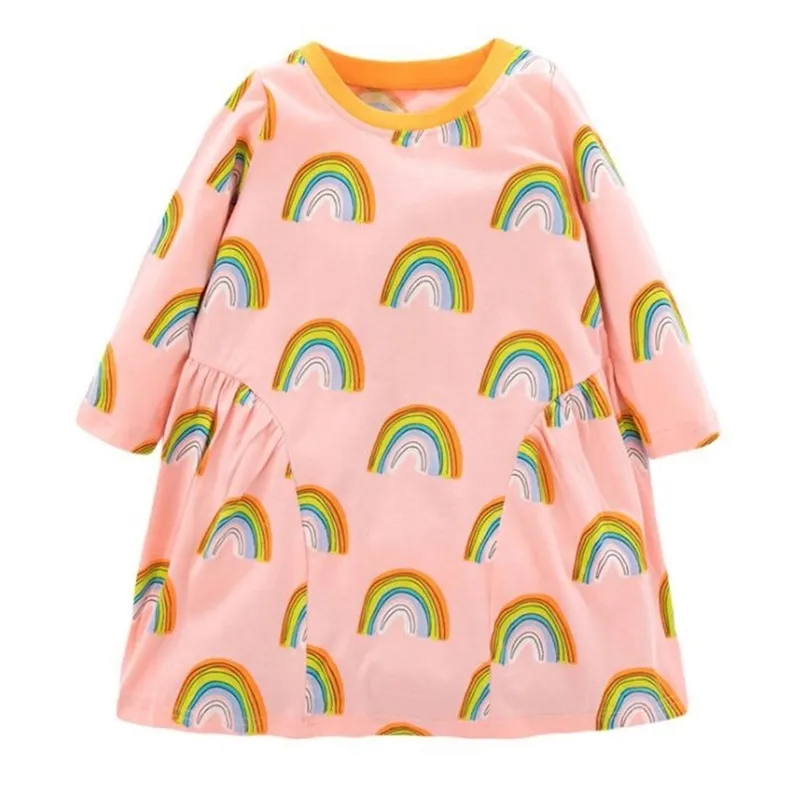 Lente Herfst Kids Print Jurken voor Meisjes Prinses Meisje Lange Mouw Regenboog 2-6 Earrs 210521