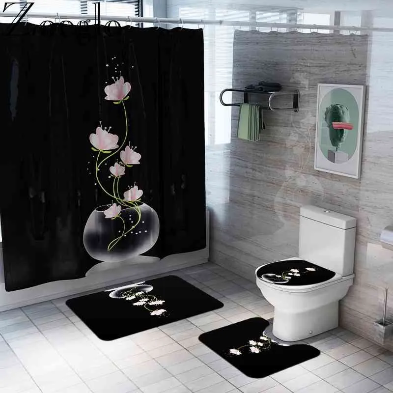 Housse de siège de toilette antidérapante tapis de bain Polyester imperméable rideau de douche ensemble tapis de salle de bain décor à la maison salle de bain tapis de pied 210401