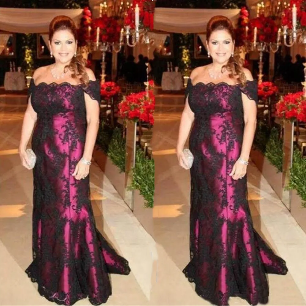 Elegant sjöjungfru Mor till brudklänningarna Appliques Black Lace Off Shoulder Long Formal Evening Gowns Women Wedding Guest Dress Prom Party