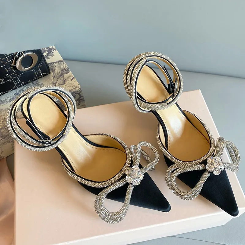 MACH Dress shoe Luxury Designer Satin Bow Slingback sandal Crystal Embellishments rhinestone Evening party shoes 6.5cm Heels Top quality sandals