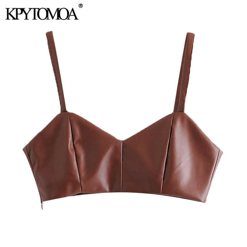 KPYTOMOA Women Sexy Fashion Faux Leather Cropped Tank Top Vintage Backless Side Zipper Thin Straps Female Camis Chic Tops 210616