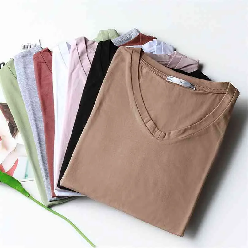 Haute qualité plaine T-shirt femmes coton élastique basique T-shirts été hauts à manches courtes T-shirt T-shirts grande taille S-5XL 210720