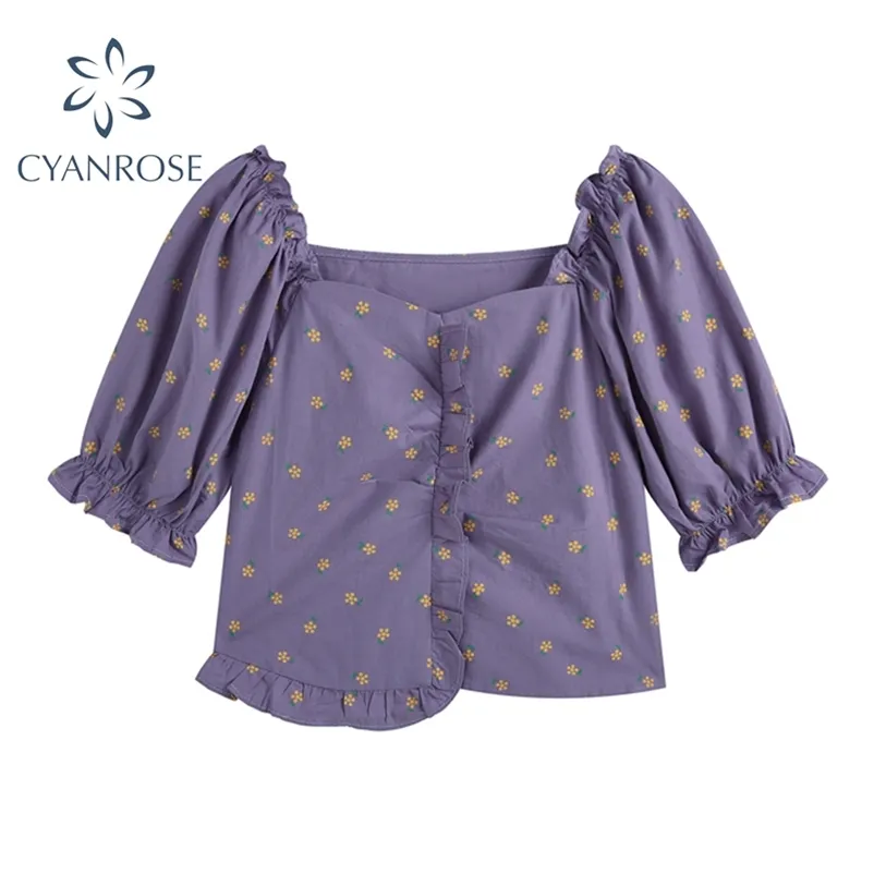 Femmes Purple Crop Blouses Summer Slash Cou Sexy Puff Sleeve Ruffle Design Mori Girl Shirts Tops Rétro Élégant Y2K Blusas 210430