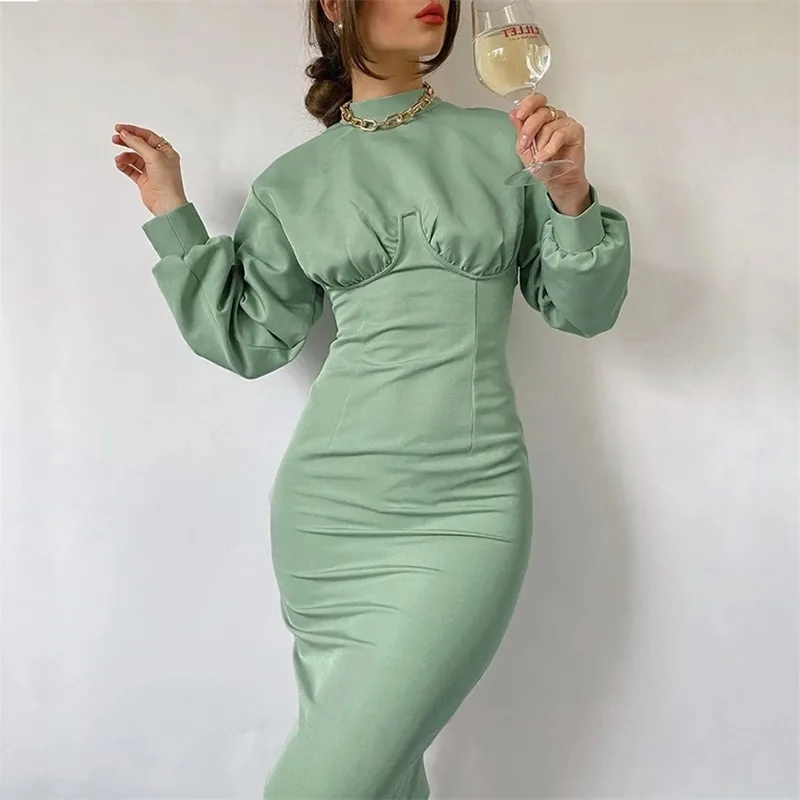Sommer Frauen Kleid Elegante Midi Kleid Langarm Grün Hohe Taille Feste Beiläufige Damen Kleider Tunika 210422