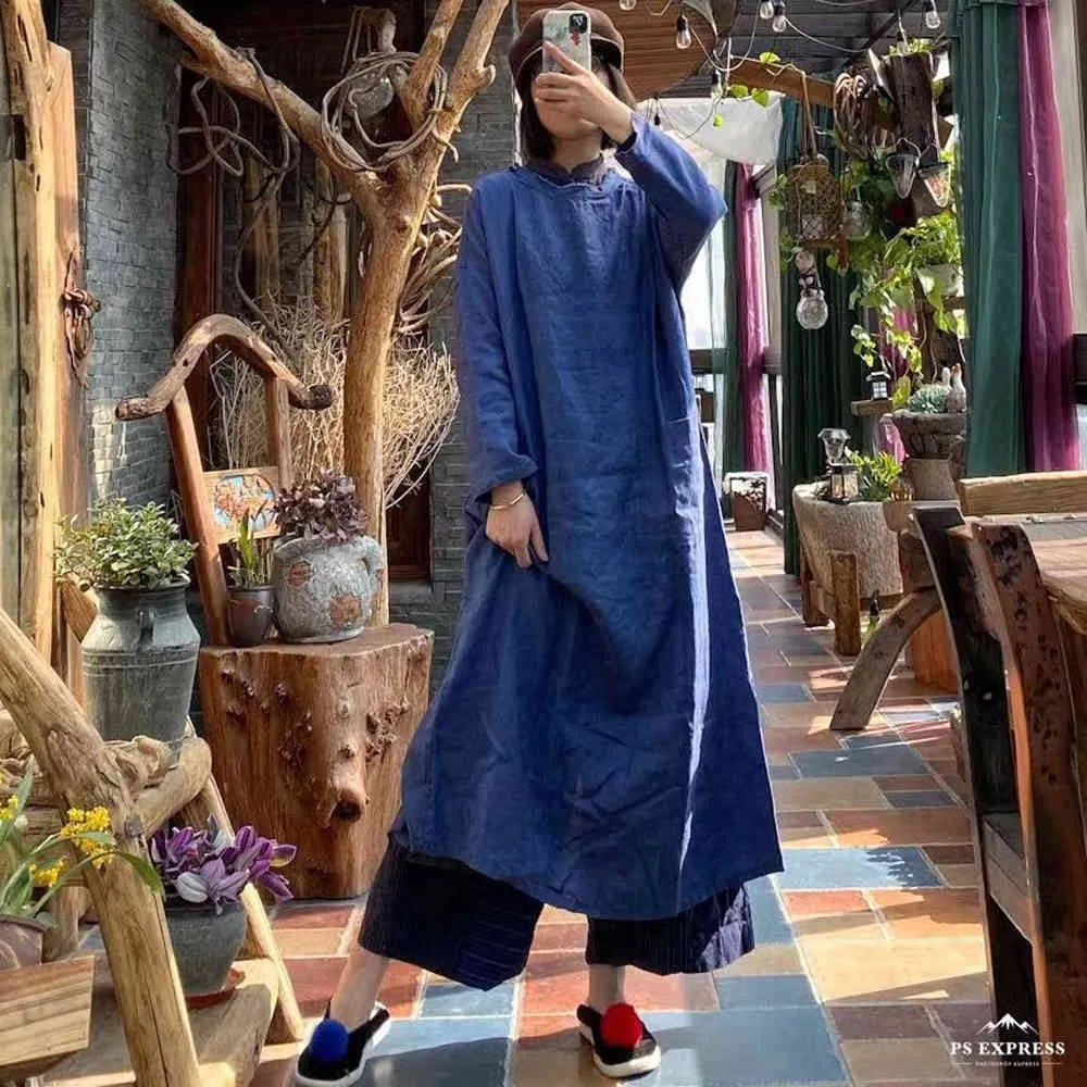 Johnature Women Original Linen Dresses O-Neck Long Sleeve Blue Spring Vintage Loose Robes Female Quality Dresses 210521