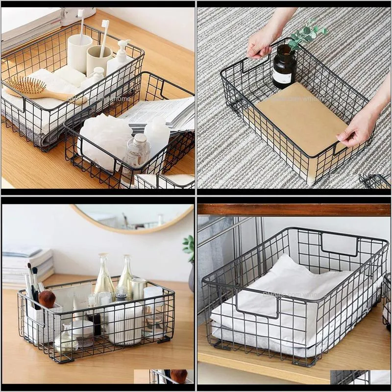 2pcs wire storage baskets with handles, metal organizer basket bins for home, office, nursery, laundry shelves