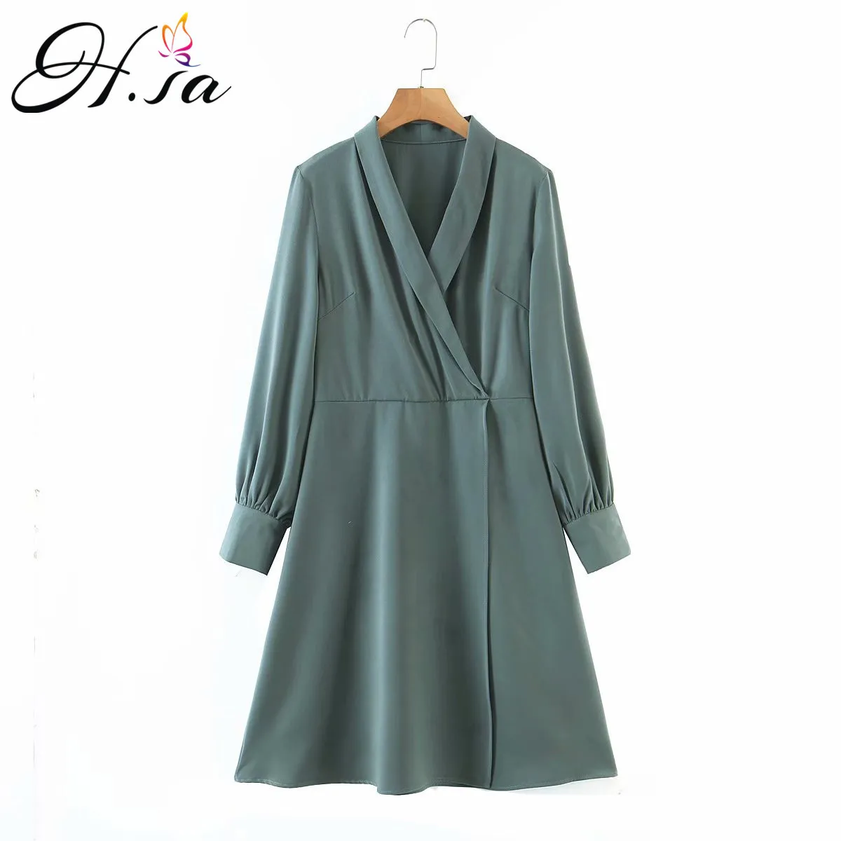 H.SA European Fashion Women Long Sleeve Elegant Notched Collar Formal Ankle Length Dress Army Green Solid OL Vestidos 210417