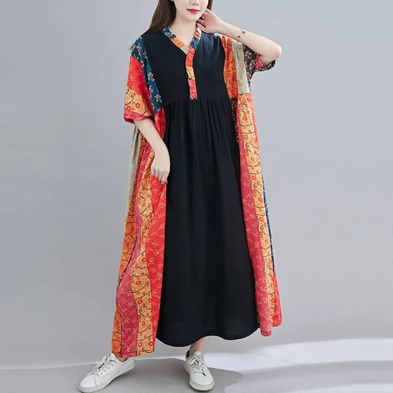 Women Oversized Cotton Linen Long Dress Floor-Length Vintage Style Floral  Patchwork with V-Neck and Kimono Short Sleeves from Dhgate Basic & Casual  Dresses - price 55.91