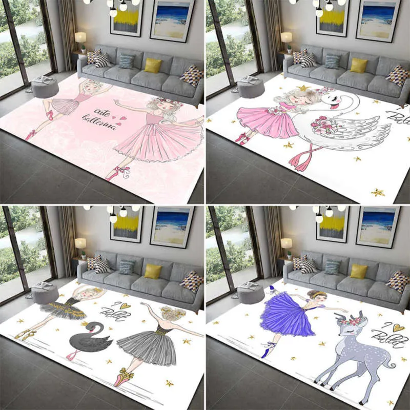 Cartoon Ballet Girl 3D Print Area Rug Kid Bedroom Game Floor Mat Soft Flannel Memory Foam Girl Room Play Carpets for Living Room 210928