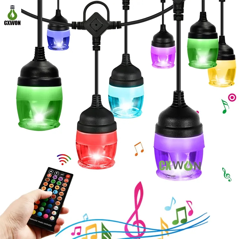 Newest LED RGB String Light With Remote Music Control Outdoor Hanging 11M*12PCS Dimmable Bulbs Strings Patio Fairy Garland Lamps for Cafe Party Garden