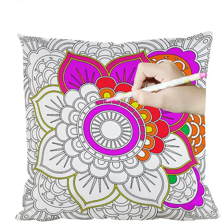 New Arrive Coloring Vintage Copy Silk Cushion Case Graffiti Pillow Case Home Decor 45cm*45cm Black Ground Hand Drawing Pillowcase DIY 39 Styles