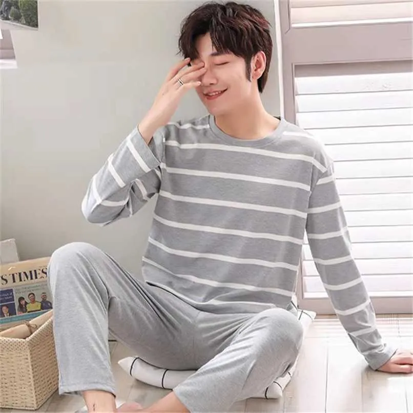 Autumn long sleeve pijama stripe pajamas set for male plus size sleep clothing casual nightie sleepwear men pyjamas suit 211110