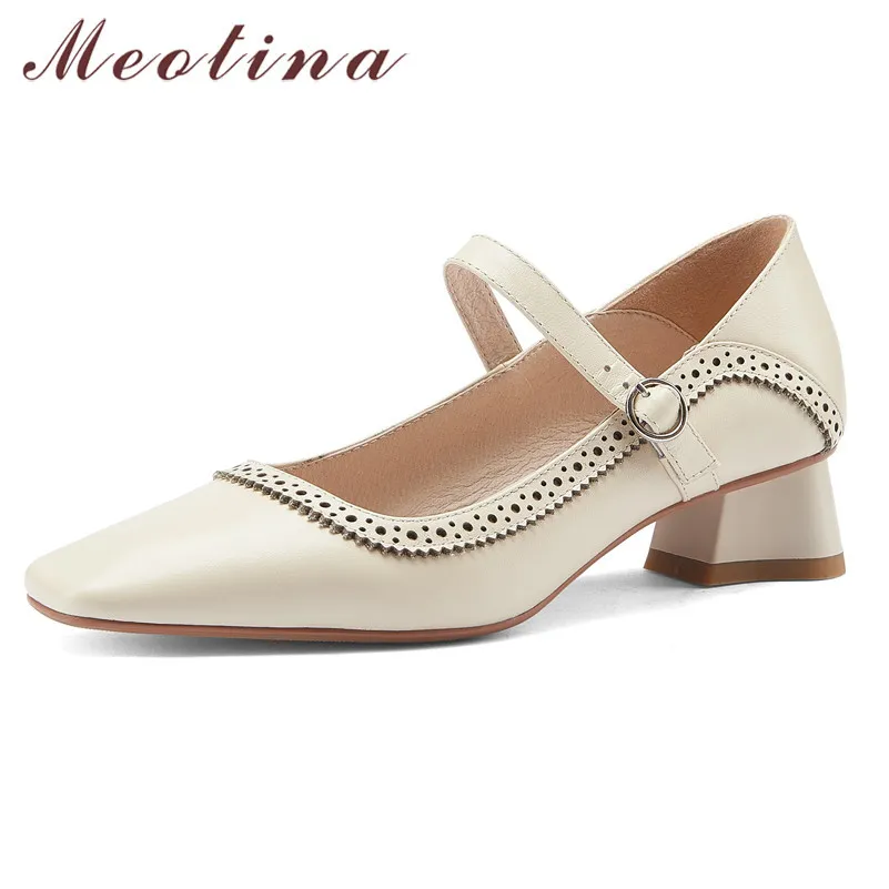 Meotina Women Pumps Real Leather Mid Heel Mary Janes Shoes Ladies Square Toe Block Heels Footwear Buckle Shallow Pumps Beige 40 210520