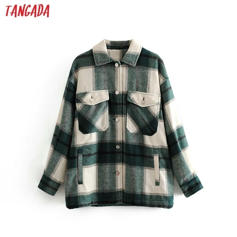 Tangada Winter Women green plaid Long Coat Jacket Casual High Quality Warm Overcoat Fashion Long Coats 3H04 211104