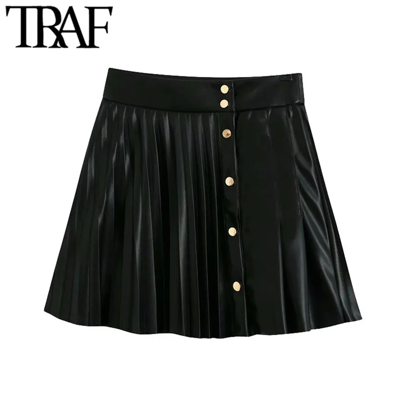 Women Chic Fashion Pleated Faux Leather Mini Skirt Vintage High Waist Snap Button Female Skirts Mujer 210507