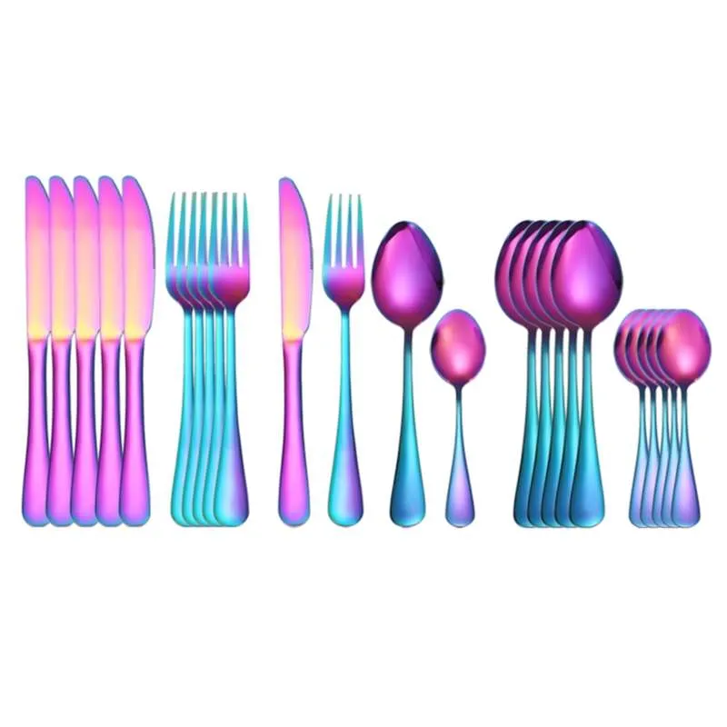 24 Pcs Stainless Steel Cutlery Tableware Rainbow Spoon Set Forks Knives Spoons Kitchen Dinnerware Drop 210928