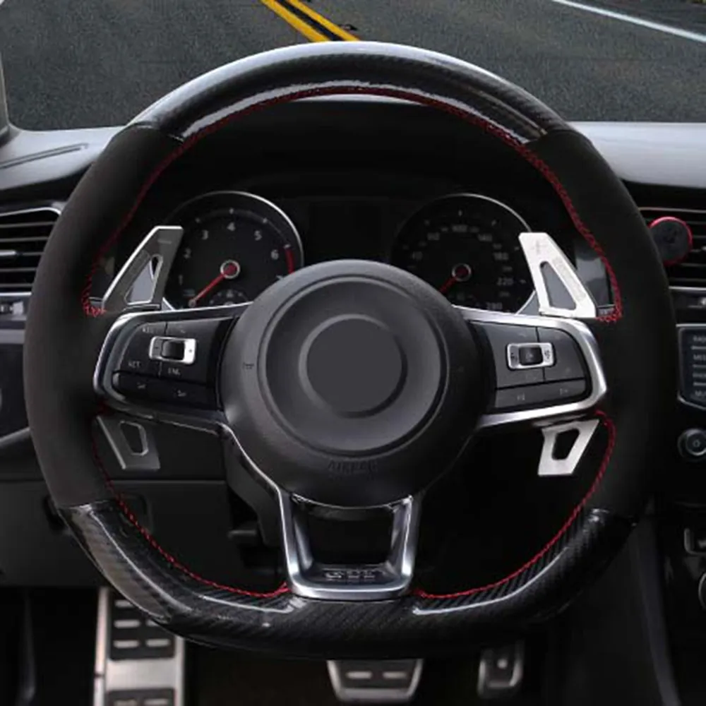 Housse de volant de voiture en cuir véritable noir carbone bricolage pour Volkswagen Golf 7 GTI Golf R MK7 VW Polo GTI Scirocco 2015 2016