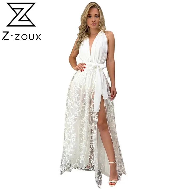 Femmes robe tempérament dentelle blanche es col en V profond dos nu fendu Sexy longue été Maxi es mode 210513