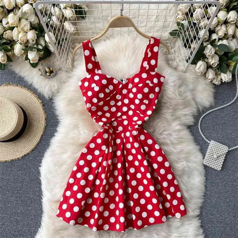 Coréen Polka Dot Imprimer Sans Manches Sangle Mini Robe Rembourrée Col En V Dos Fermeture À Glissière Slim A-ligne Vintage Femmes Été 210603