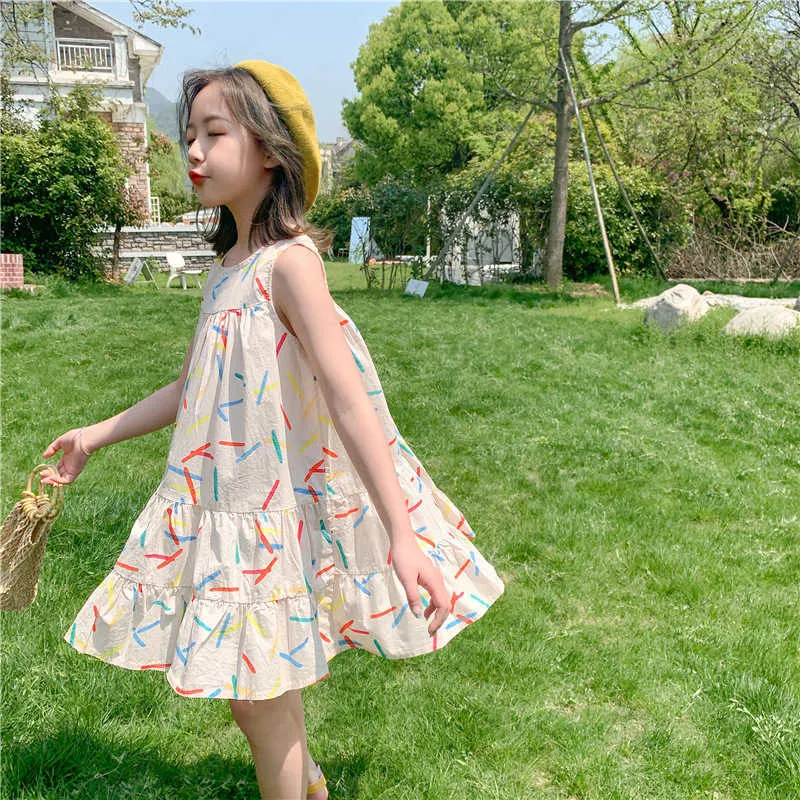 2021 Summer New Girls' Dresses Big Children'S Style Color Striped Sleeveless Dress Children'S Clothing For Teenager 4-13 Years Q0716