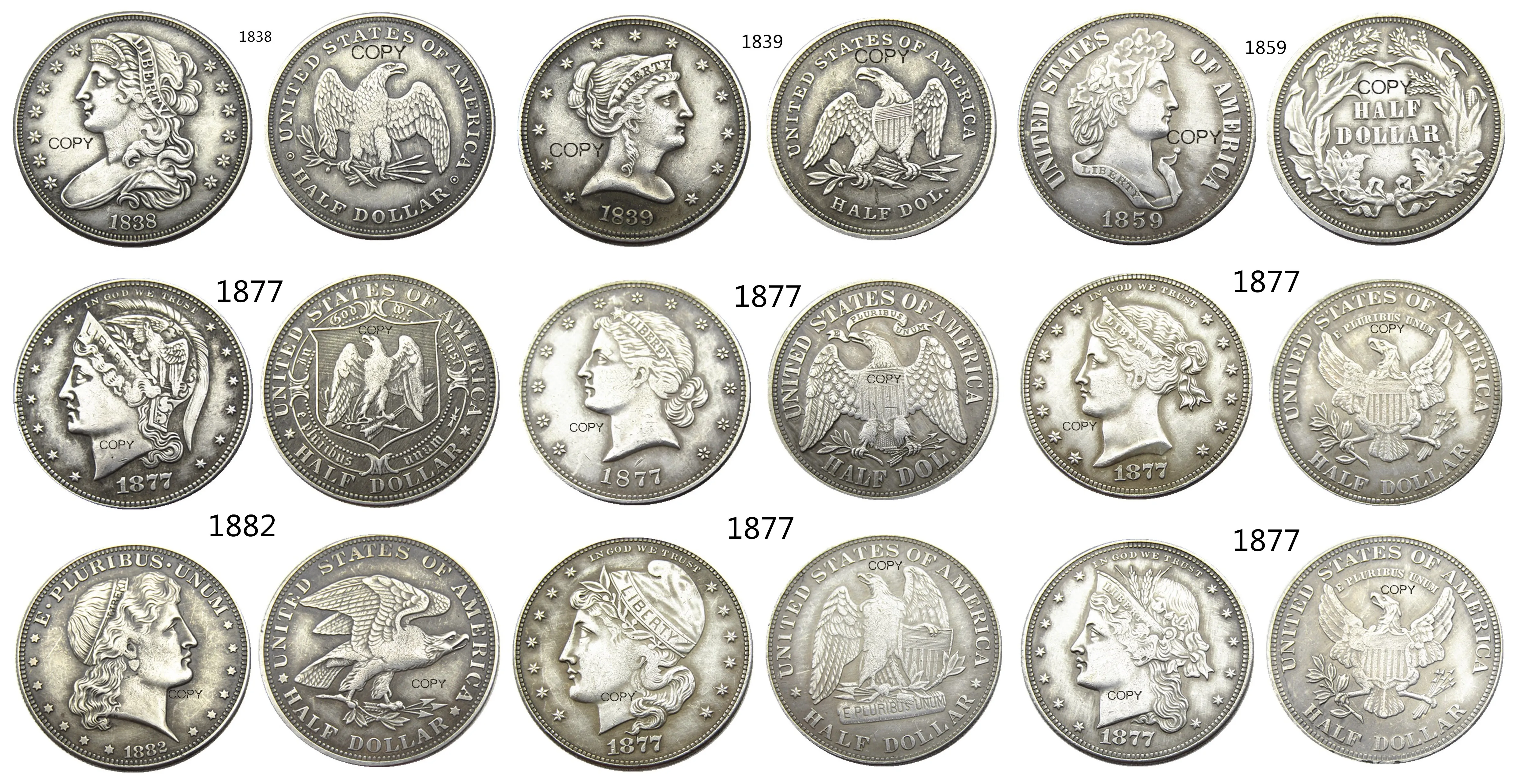 USA A Set Of(1838-1882) 9pcs Different Head Half Dollar Patterns Craft Silver Plated Copy Coin Ornaments replica coins home decoration accessories