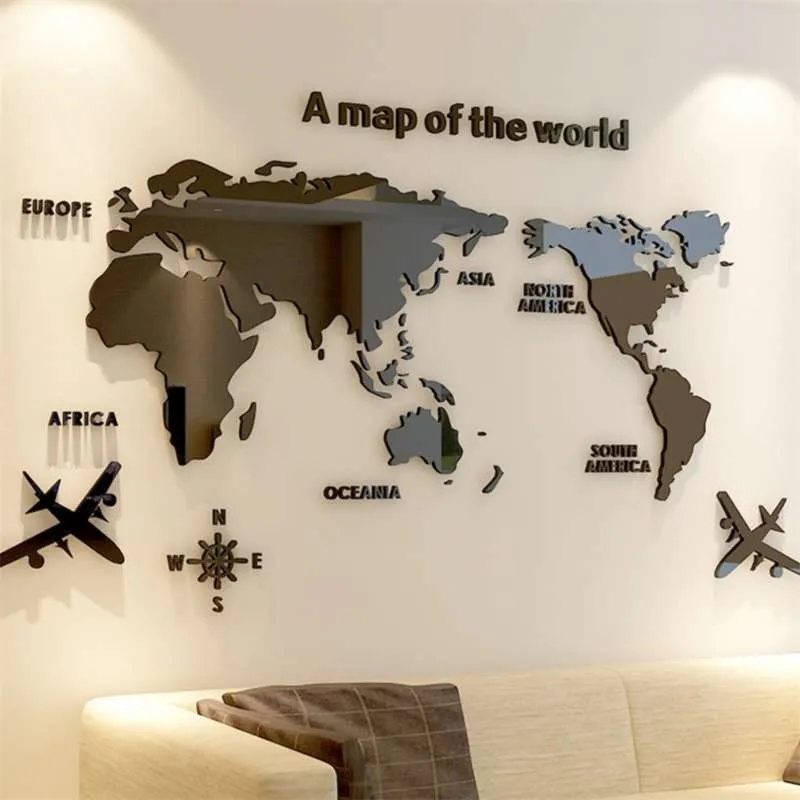 DIY 3D Large Acrylic World Map Wall Stickers för kontor Vardagsrum TV Bakgrund Heminredning Tillbehör Spegelklistermärken 210929