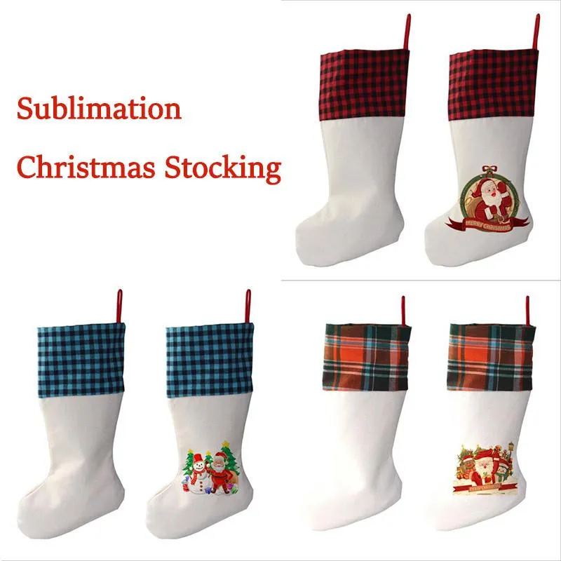 Sublimatie Plaid Kerstmis Kous Linnen Witte Candy Sokken Santa Claus Gift Bag Xmas Tree Ornament Festival Supplies voor kinderen 2022