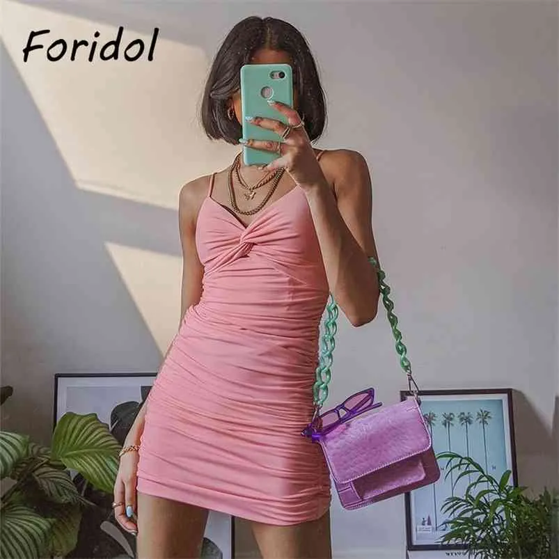 Bowknot Bodycon Mini Dress Donna Estate Cinturino in maglia senza maniche Guaina Pink Party Boho Beach Short 210427