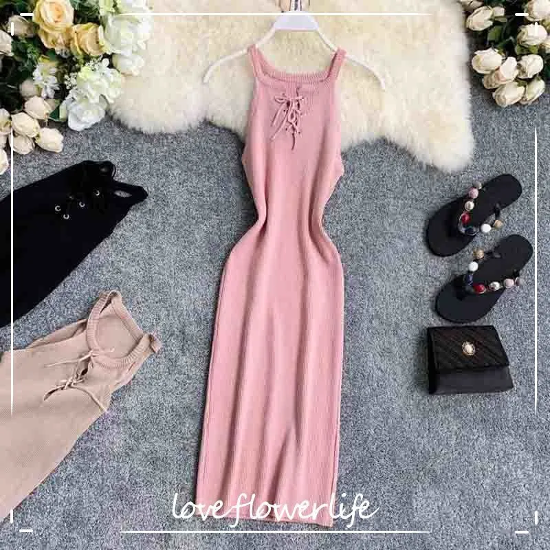 Women Bodycon Dress Korean Fashion Sleeveless Spaghetti Strap Sexy Slim Knitted Dresses Bandage High Elastic Summer Vestido 210521