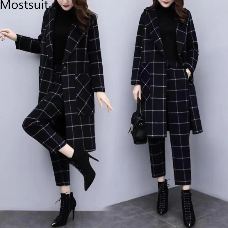 Winter Black Woolen Plaid Dwuczęściowy Zestawy Stroje Kobiety Plus Rozmiar Długi Płaszcz i Spodnie Garnituje Eleganckie Biuro Mody 210518