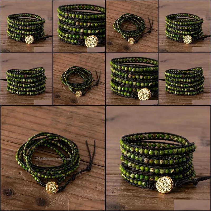 Handmade 5 Rows Leather Wrap Bracelet BOHO Green Imperial Jaspers Beads Art Weaving Vintage Jewelry Gift Drop Tennis