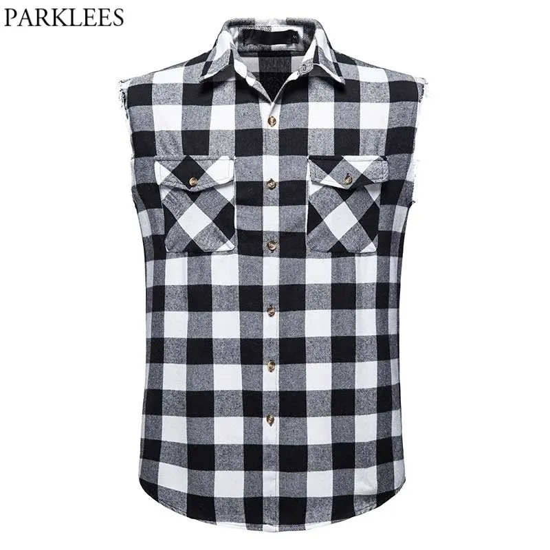 Mode Cowboy Mouwloze Plaid Shirt Mannen Casual Flanel Katoen Snap Shirts Mens Double Pocket Beach Party Vest Geruite Top 210522