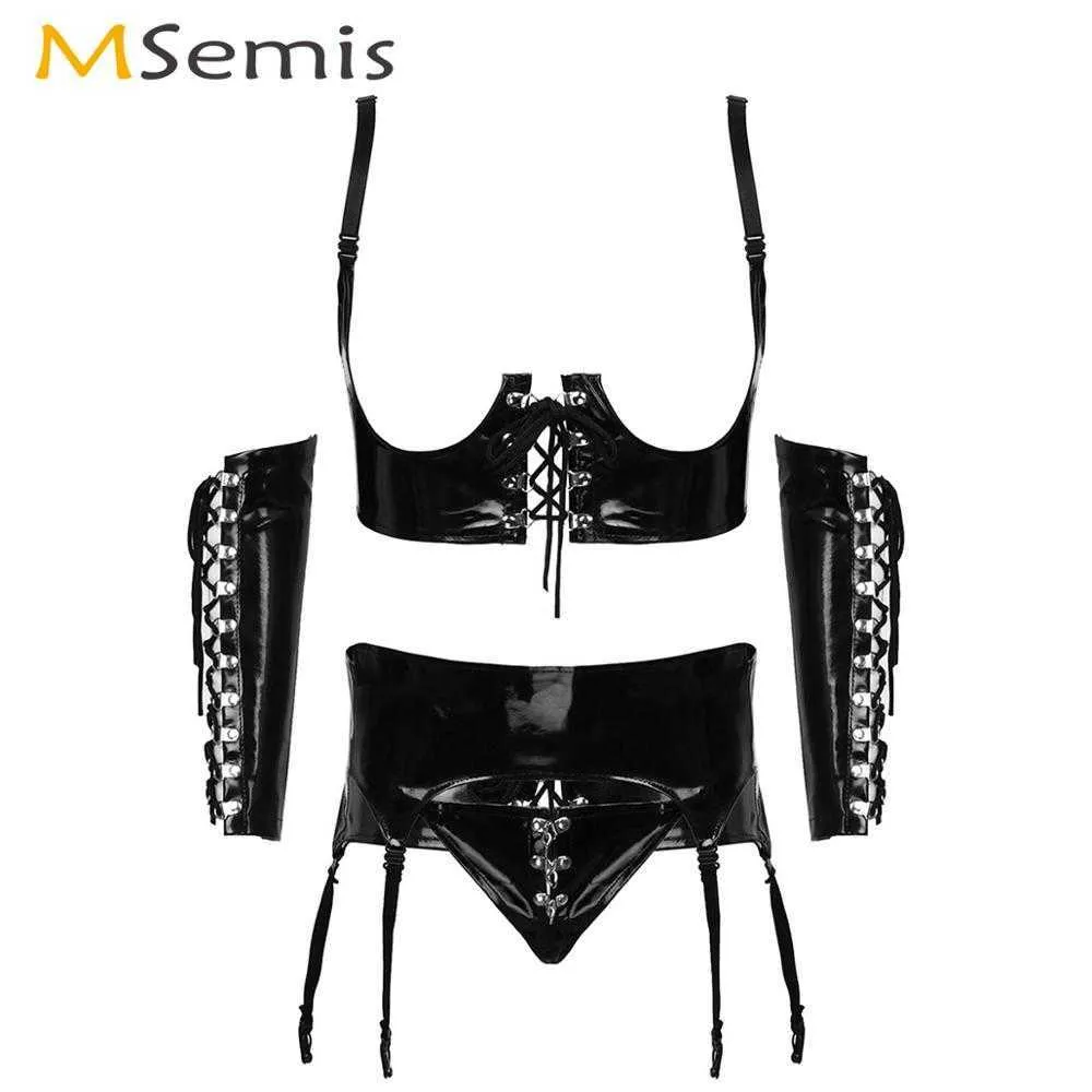Women Sexy Lingerie Set Wetlook Leather Stripper Outfit Night Club Pole Dance Latex Lace Up Open
