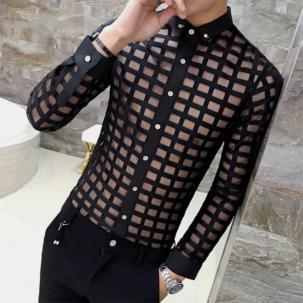 Sexig Lace Hollow Shirt Men Casual Långärmad Slim Fit Shirts Se genom nattklubb Party Stage Man Kläder Camisa Masculina 210527