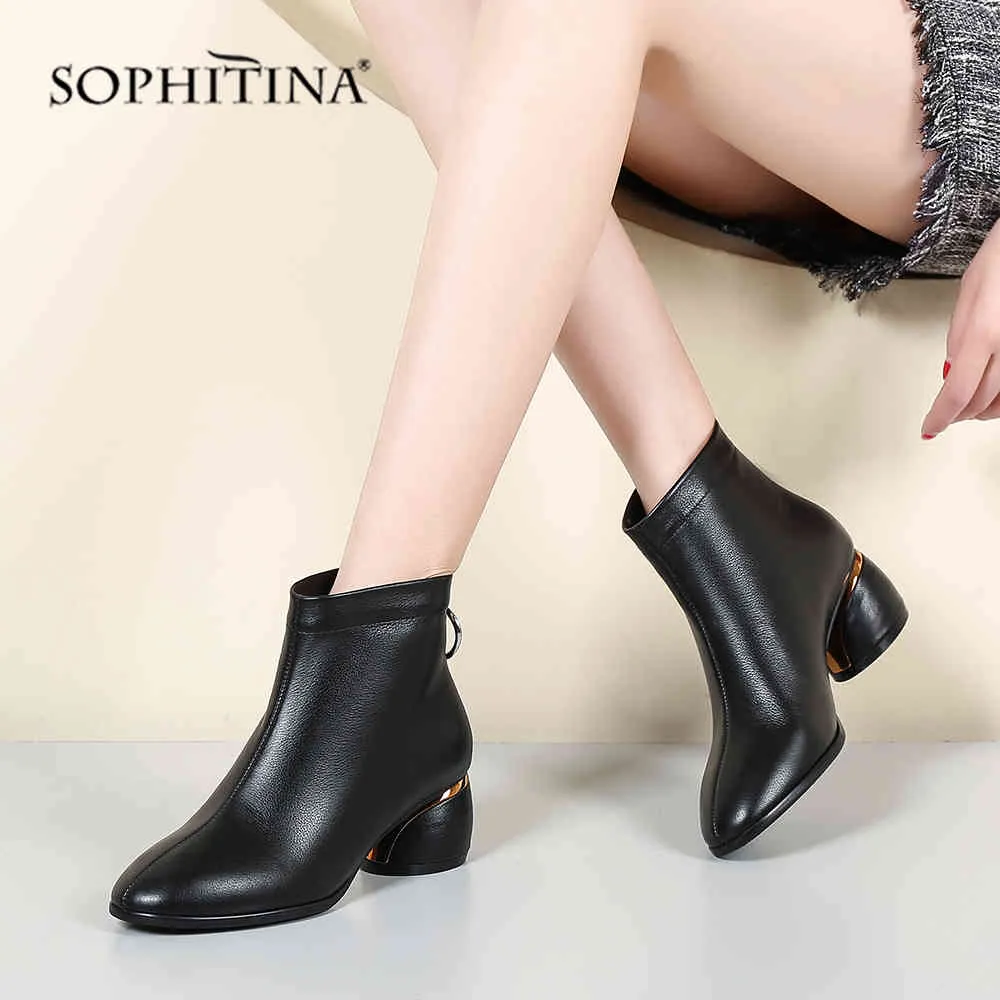 SOPHITINA Botas de mujer de moda sólida de alta calidad de cuero genuino sexy punta puntiaguda zapatos de tacón redondo botas elegantes especiales PO224 210513